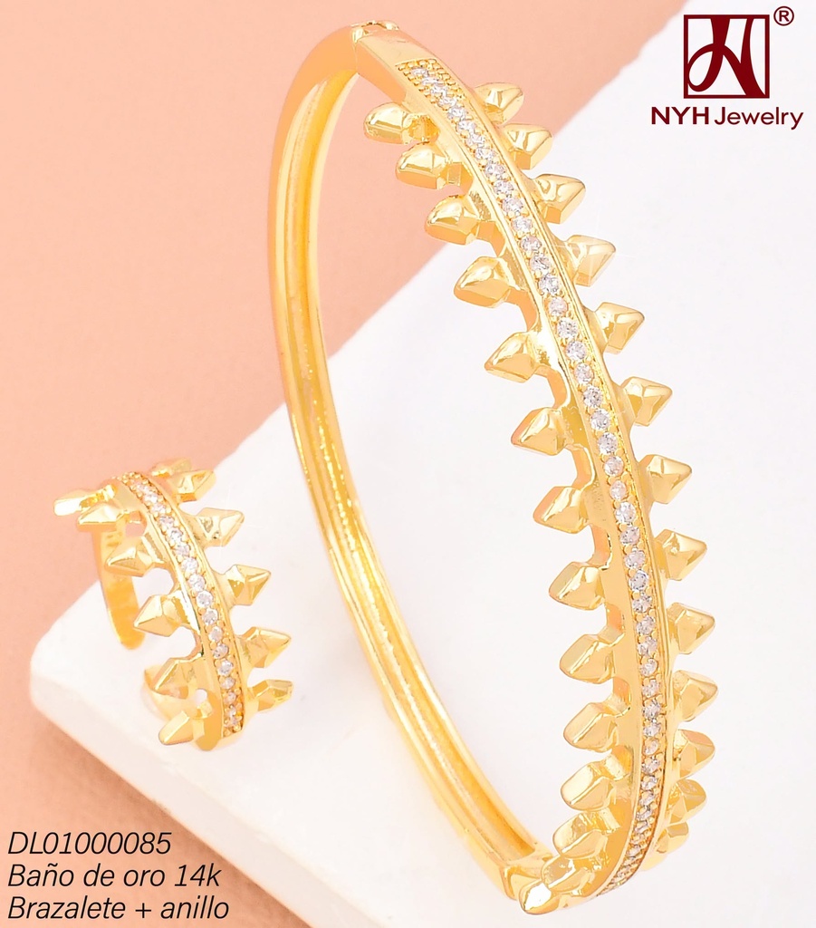BRAZALETE C/ANILLO AJUST. BAÑO DE ORO 14K. PICOS VERTICAL/LINEA HORIZ. ZIRC. CRISTAL GSH642A (DEL1)