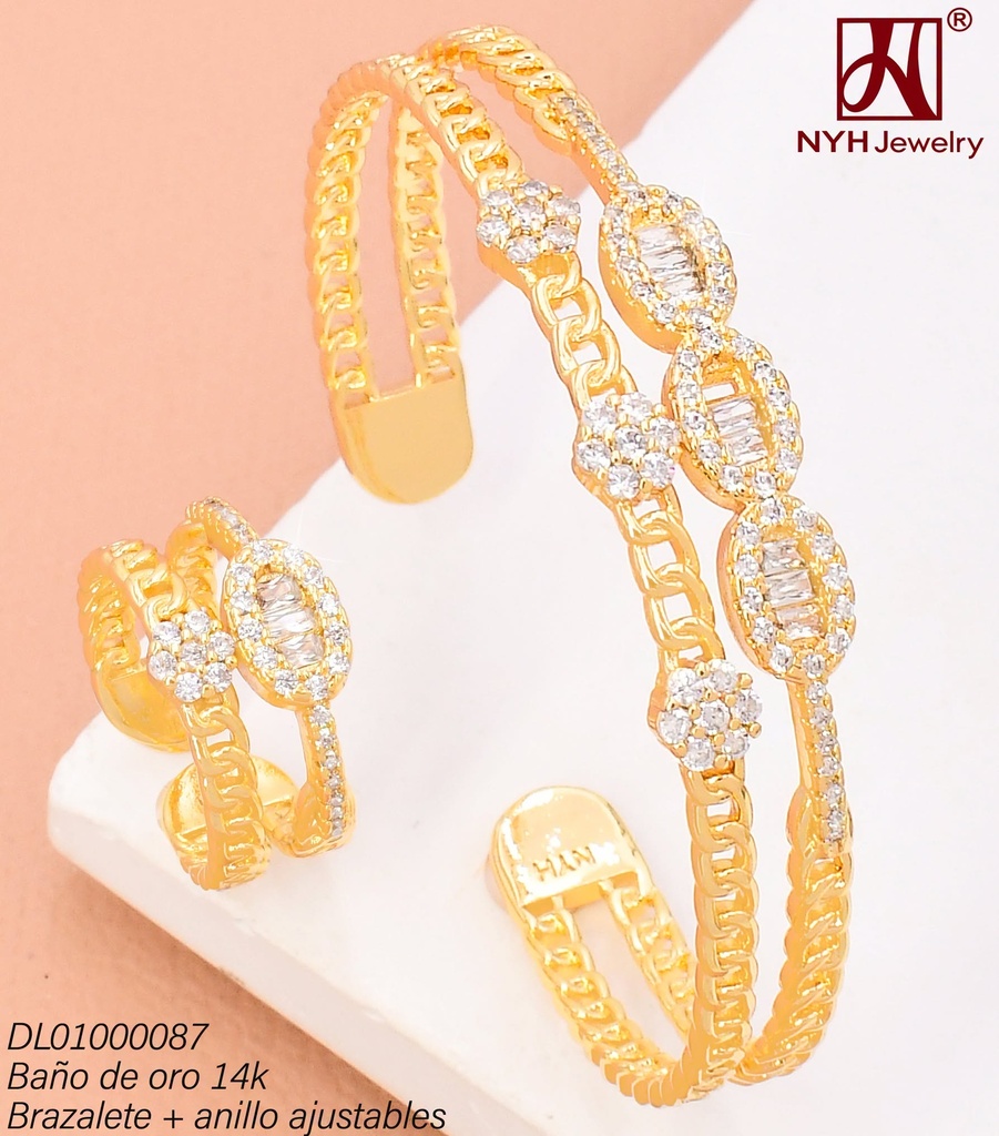 BRAZALETE AJUST. C/ANILLO AJUST. BAÑO DE ORO 14K. RD 3 FLORES/3 RECTANG/ESLABON ENTRELAZADOS GSH057 (DEL1)
