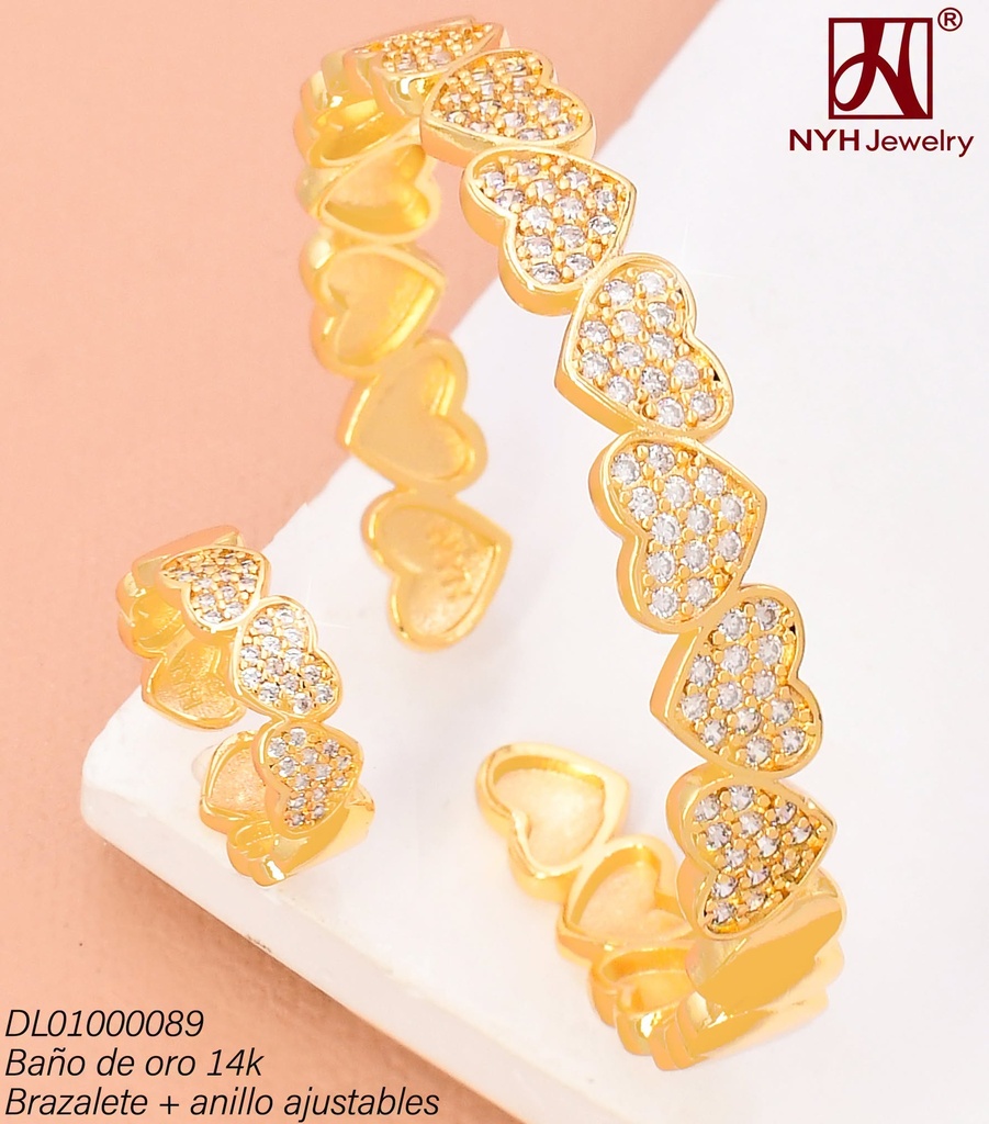 BRAZALETE AJUST. C/ANILLO AJUST. BAÑO DE ORO 14K. CORAZONES/ZIRCON. CRISTAL KY831A  (DEL1)