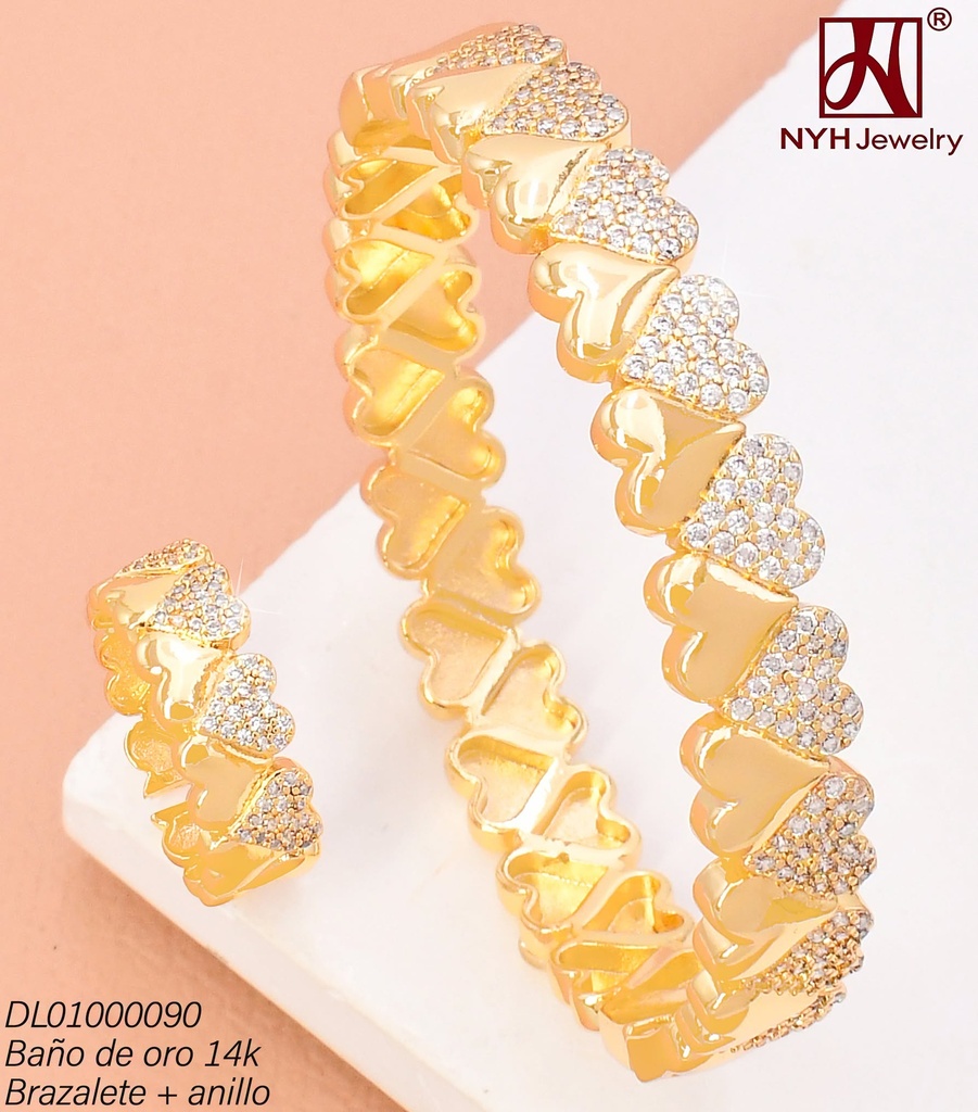 BRAZALETE C/ANILLO AJUST. BAÑO DE ORO 14K. 1 LINEA CORAZONES LISOS/1 LINEA CORAZONES ZIRCON. CRISTAL GSH465A (DEL1)