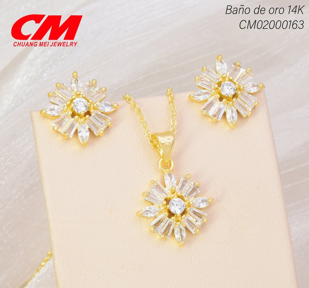 SET BAÑO DE ORO 14K. FLOR/ZIRCON. RECTNG CRISTAL GT-00370007  (27A)