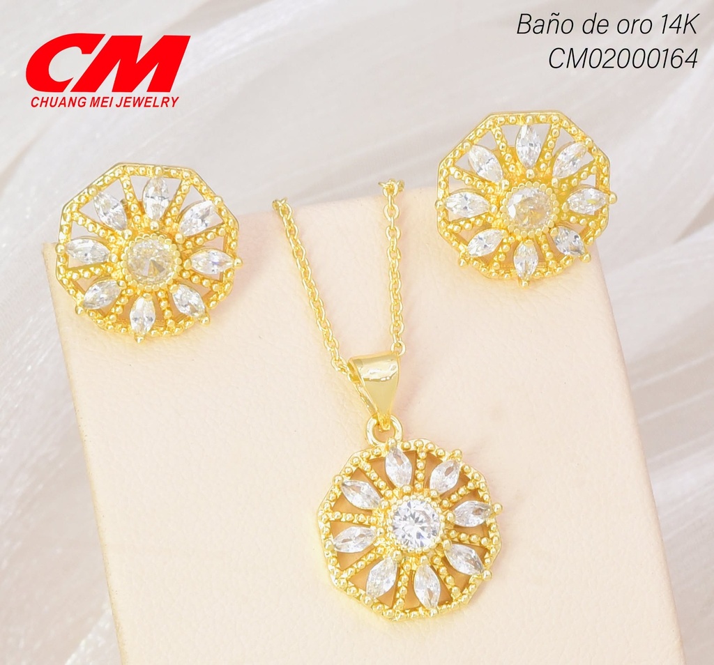 SET BAÑO DE ORO 14K. FLOR/CENTRO RD ZIRCON. CRISTAL GT-00290011 (27A)