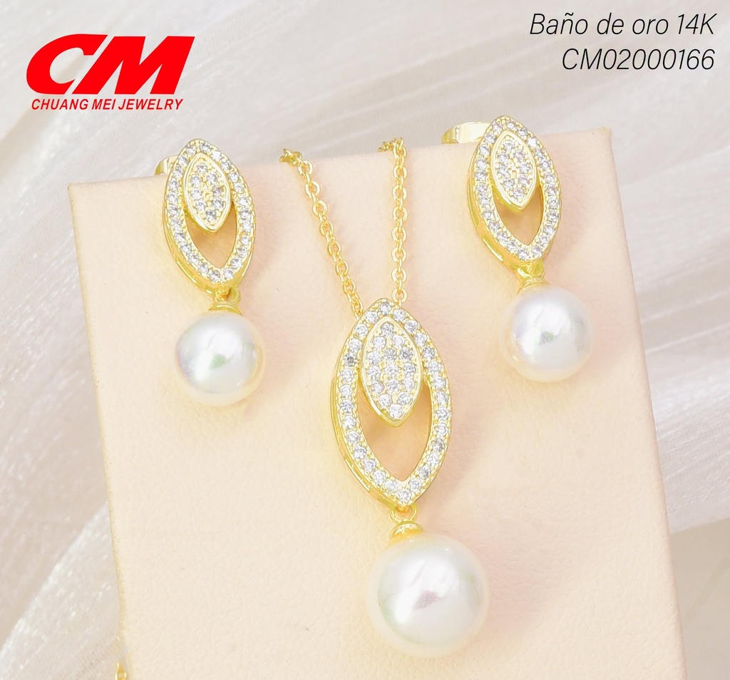 SET BAÑO DE ORO 14K. OVALO ZIRCON CRISTAL/PERLA GT-01200004 (27A)