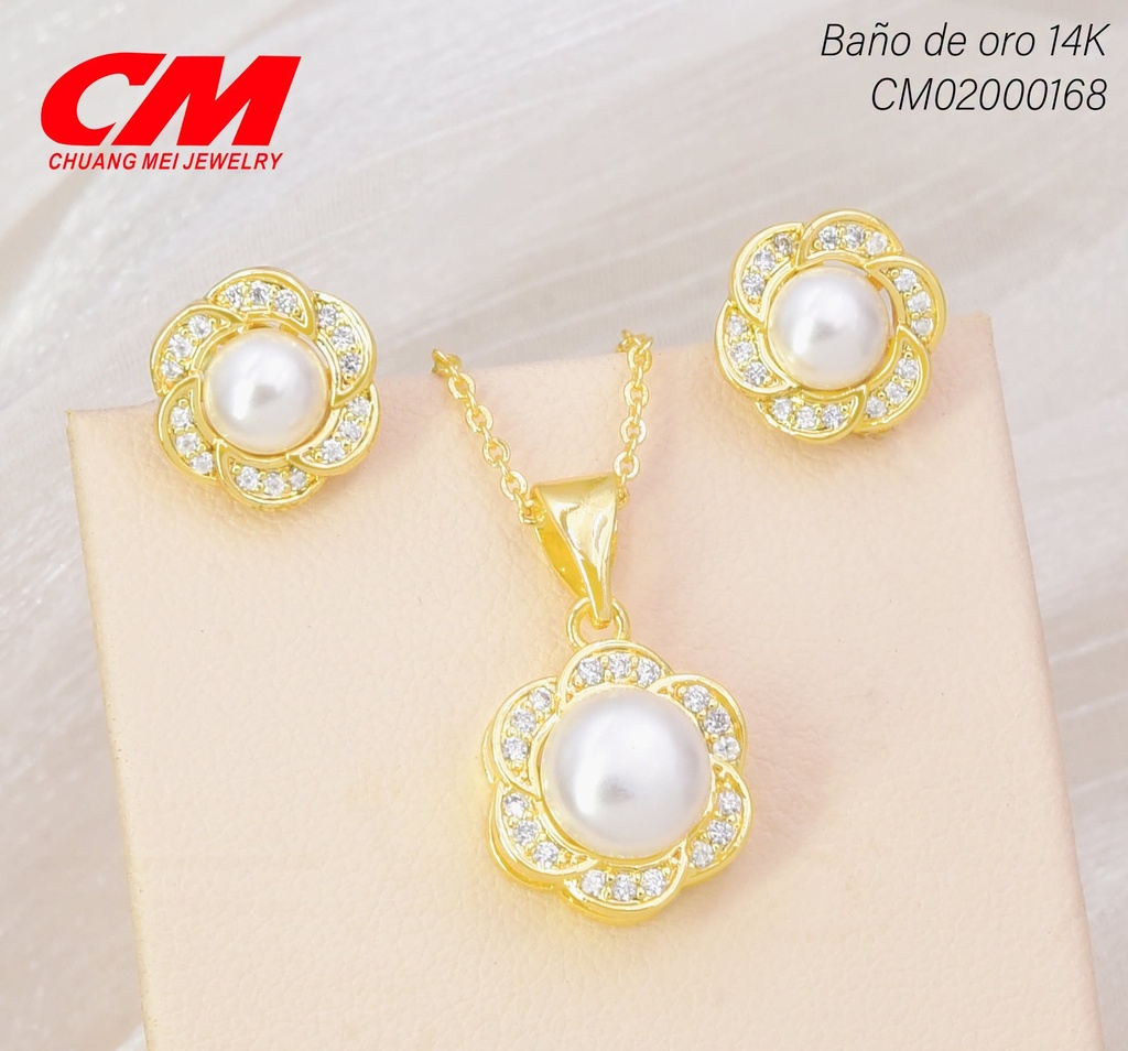 SET BAÑO DE ORO 14K. FLOR PERLA/ORILLA ZIRCON. CRISTAL GT-013002 (27A)