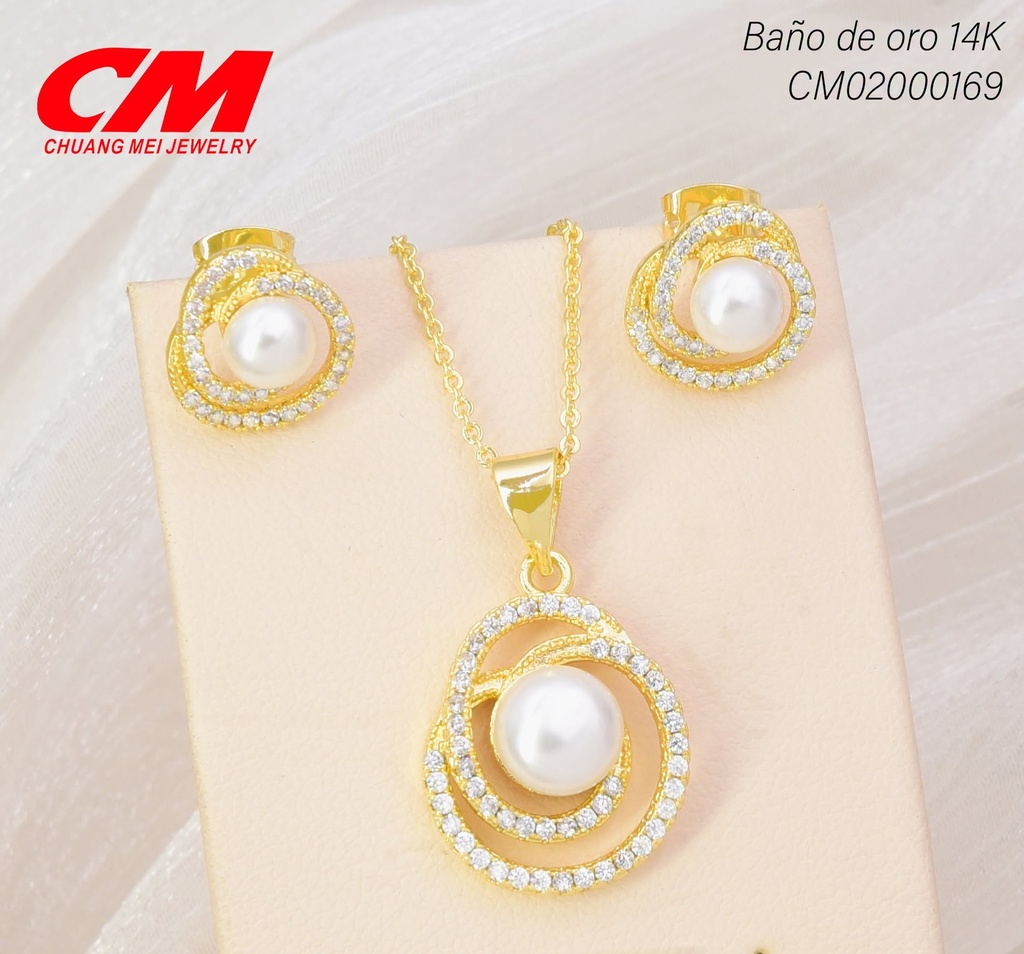 SET BAÑO DE ORO 14K. PERLA/ESPIRAL ZIRC. CRISTAL GT-01730004 (27A)
