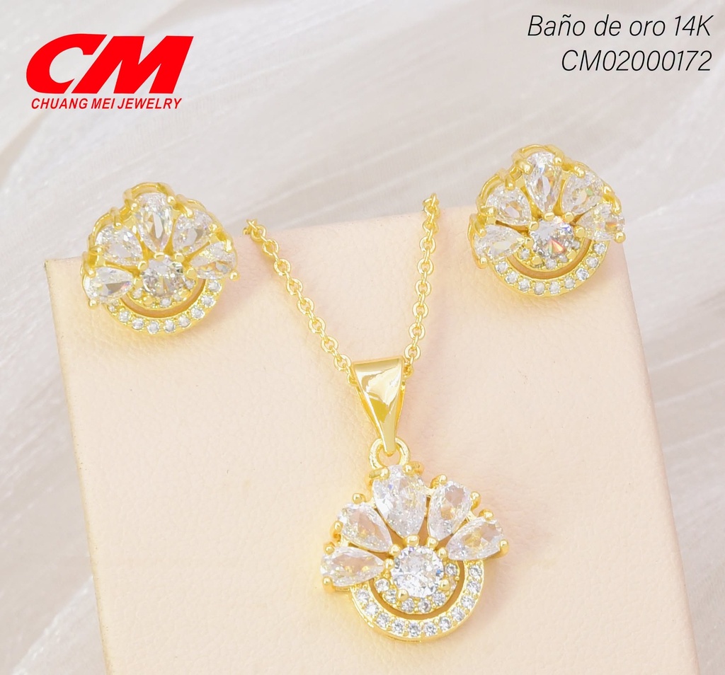 SET BAÑO DE ORO 14K. RD MEDIA FLOR/ZIRCON. CRISTAL GT-01650003 (27A)