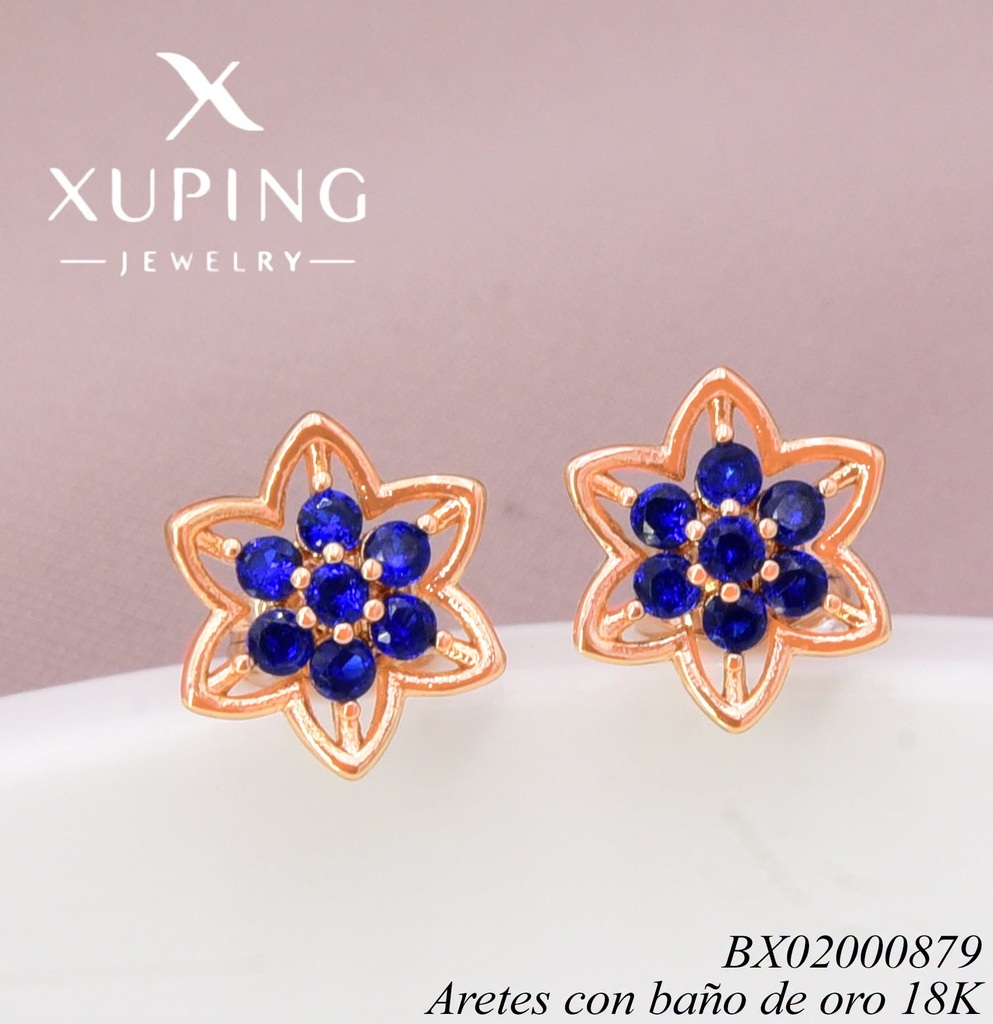 ARETES BAÑO DE ORO 18K.  FLOR ZIRC. AZUL  (XL230926)