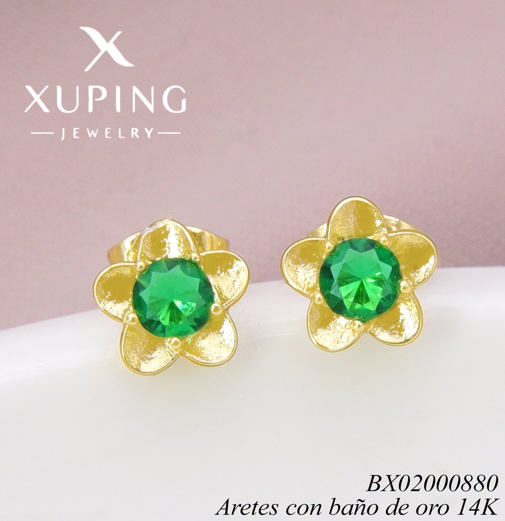 ARETES BAÑO DE ORO 14K.  FLOR ZIRC. VERDE X001337244 27AGOS(XP)