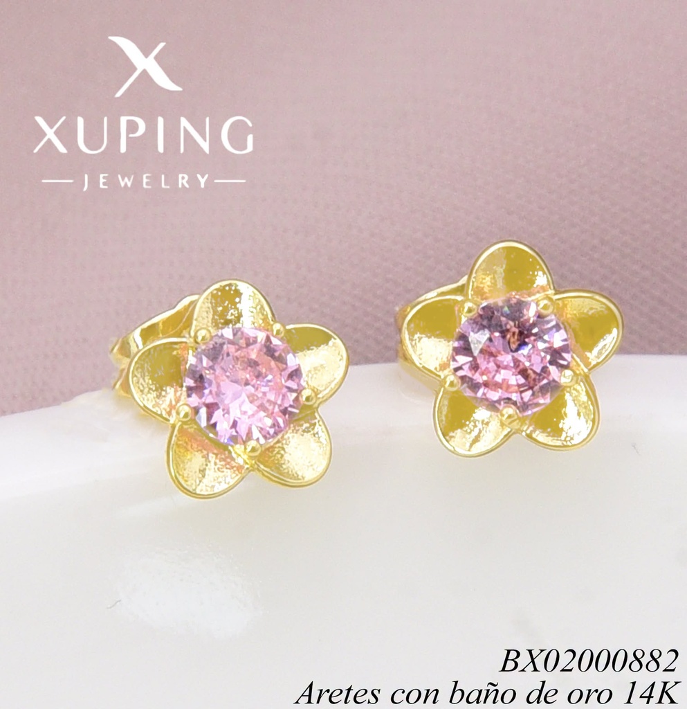 ARETES BAÑO DE ORO 14K. FLOR ZIRC ROSADA X001337241 (XP)