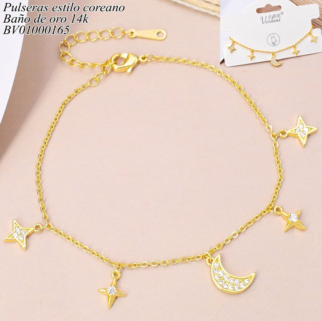 PULSERA BAÑO DE ORO 14K. CON COLGANTES LUNA/ESTRELLAS (VEI080926)