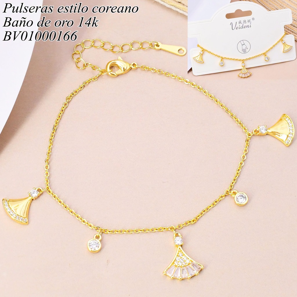 PULSERA BAÑO DE ORO 14K. CON COLGANTE ZIRC. RD /ABANICO (VEI080926)