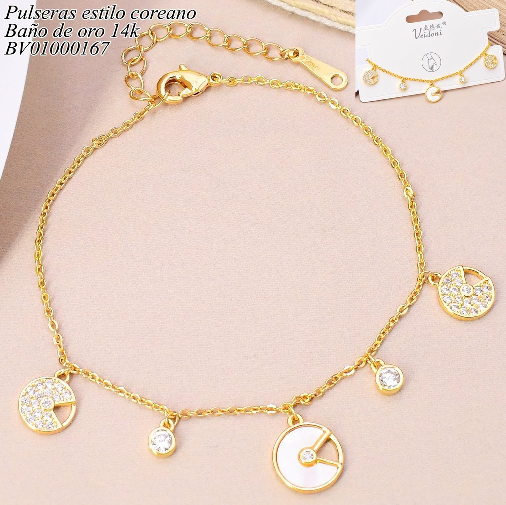 PULSERA BAÑO DE ORO 14K. CON COLGANTE RUEDAS NACAR/ZIRC SL0168 (VEI080926)