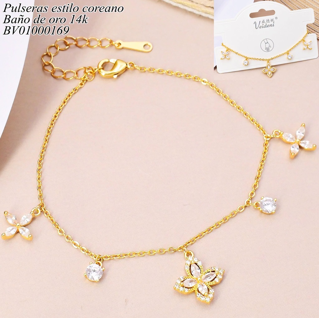 PULSERA BAÑO DE ORO 14K. CON COLGANTE FLOR/ZIRC RD. SL-0207 (VEI080926)