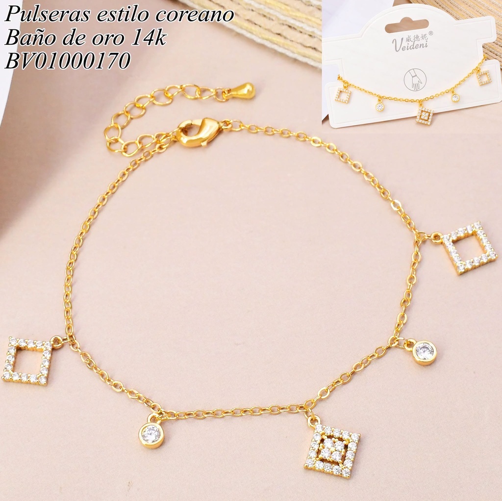 PULSERA BAÑO DE ORO 14K. CON COLGANTE CUADROS ZIRC. SL-0189 (VEI080926)