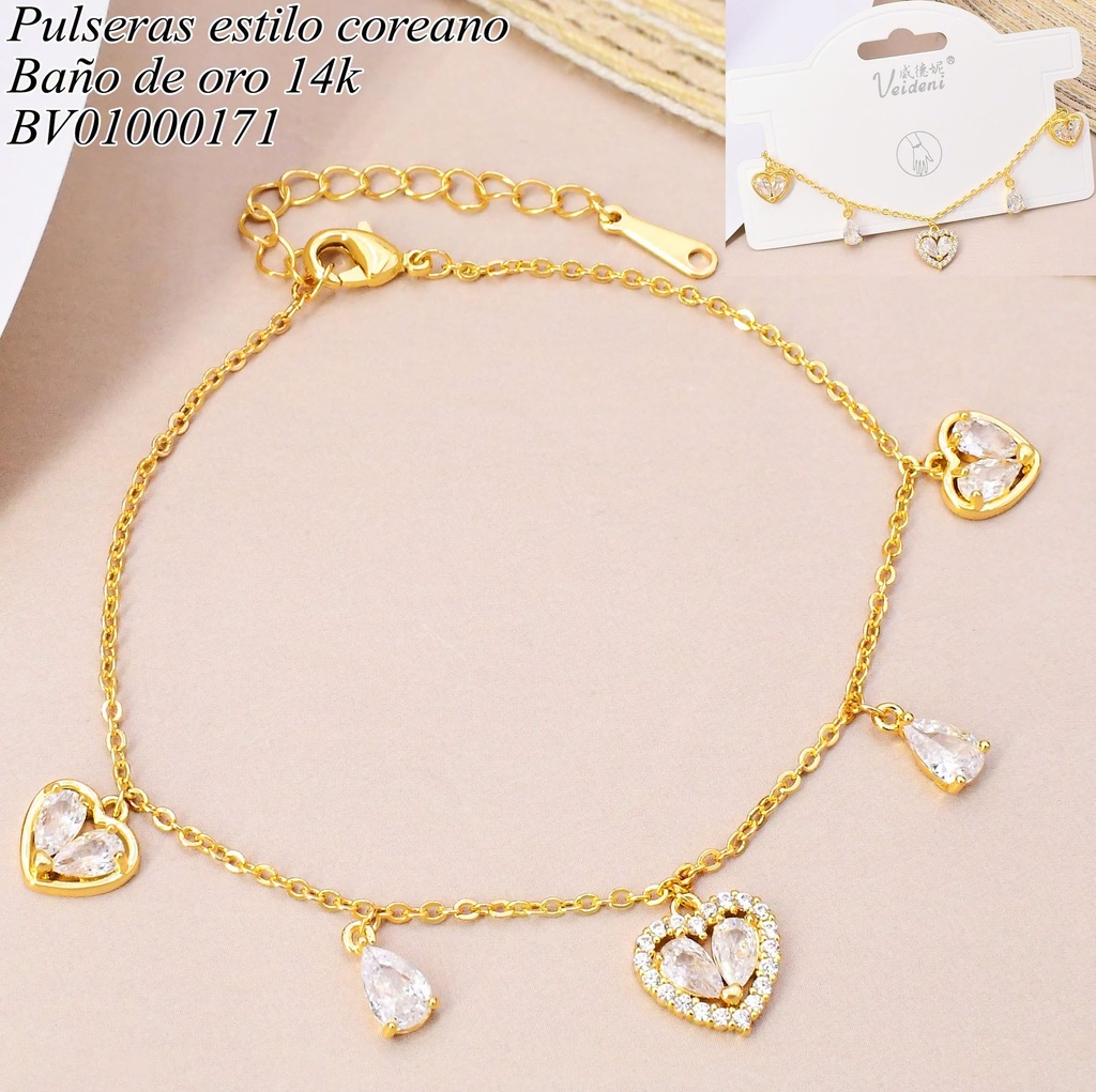 PULSERA BAÑO DE ORO 14K. CON COLGANTE CORAZONES/GOTA ZIRC. SL-0273 (VEI080926)