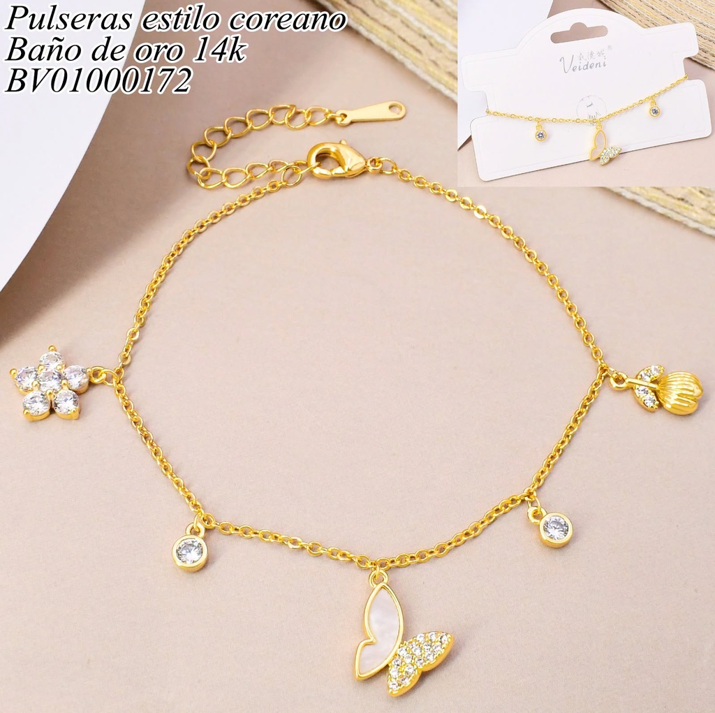 PULSERA BAÑO DE ORO 14K. CON COLGANTES MARIPOSA NACAR/ZIRC. SL-0311(VEI080926)