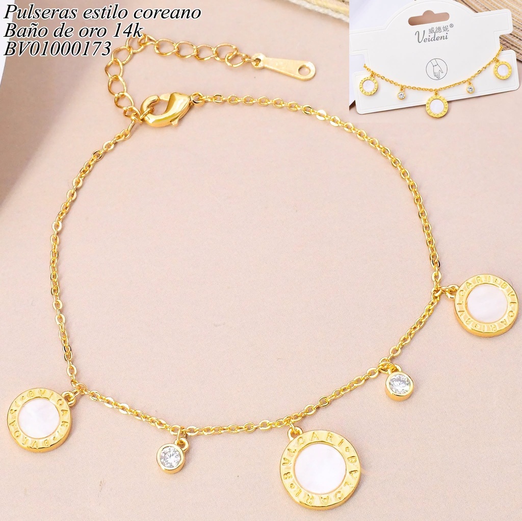 PULSERA BAÑO DE ORO 14K. CON COLGANTES RUEDAS NACAR/ZIRC RD SL-0303 (VEI080926)