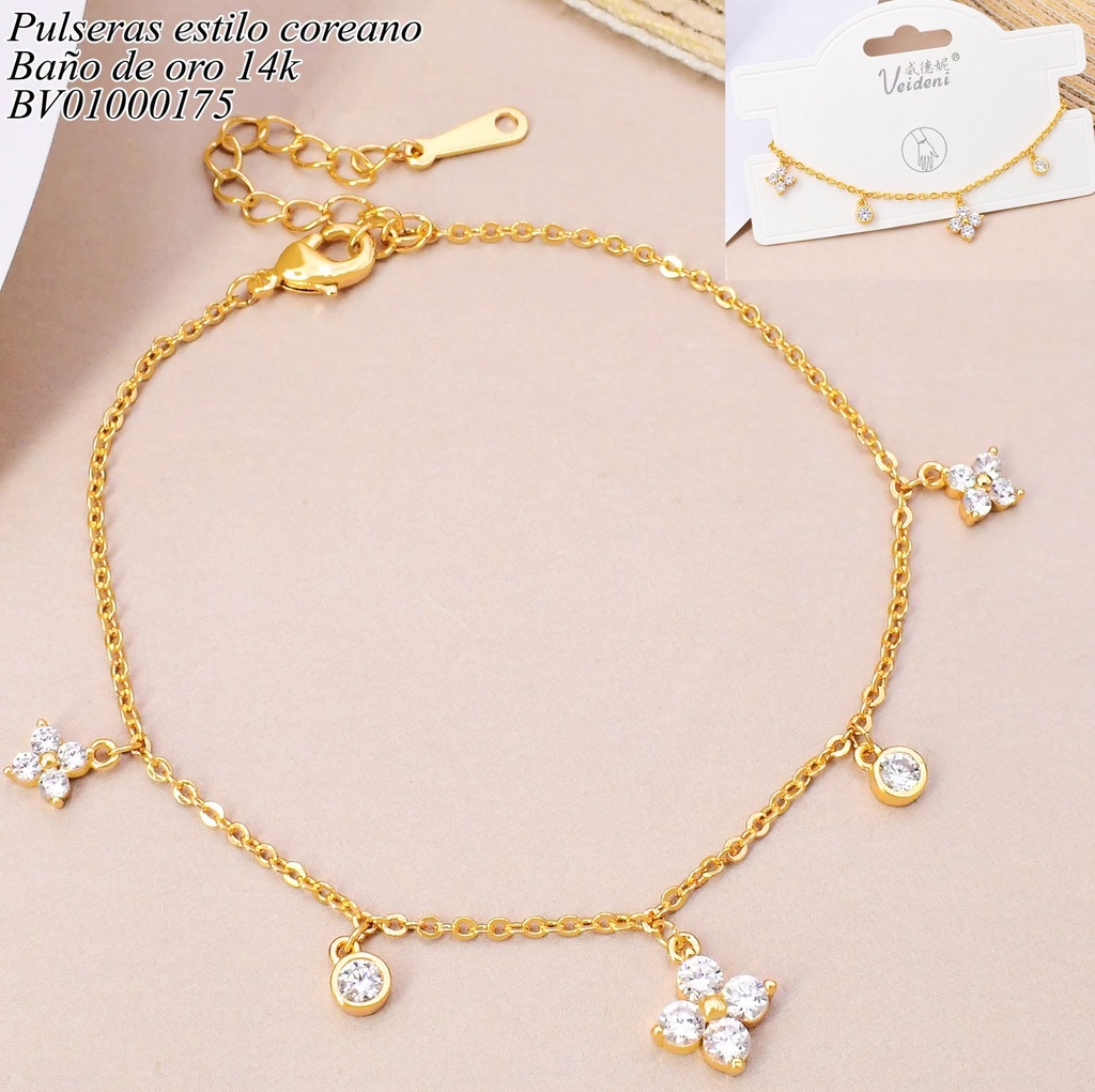 PULSERA BAÑO DE ORO 14K. CON COLGANTE FLOR ZIRC. SL-0171 (VEI080926)