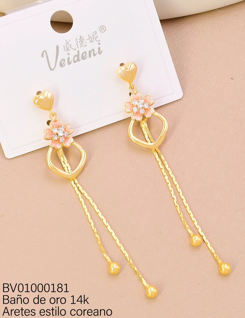 ARETES BAÑO DE ORO 14K. LARGOS CORAZON/FLOR ESMALTADA/ROMBO EH-4013  (VEI080926)