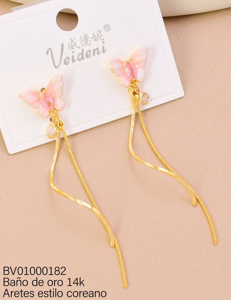 ARETES BAÑO DE ORO 14K. LARGOS MARIPOSA ESMALTADA ROSA/BLANCA EH-4029 (VEI080926)