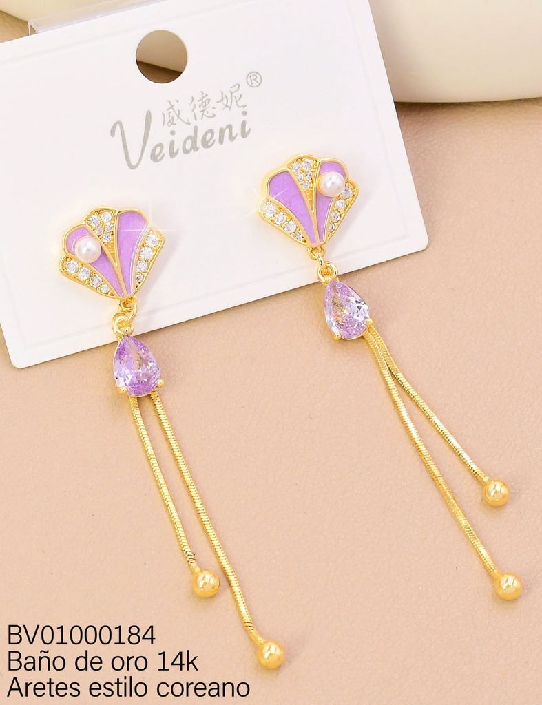 ARETES BAÑO DE ORO 14K. LARGOS ABANICO LILA/ZIRC/PERLA EH-4449 (VEI080926)