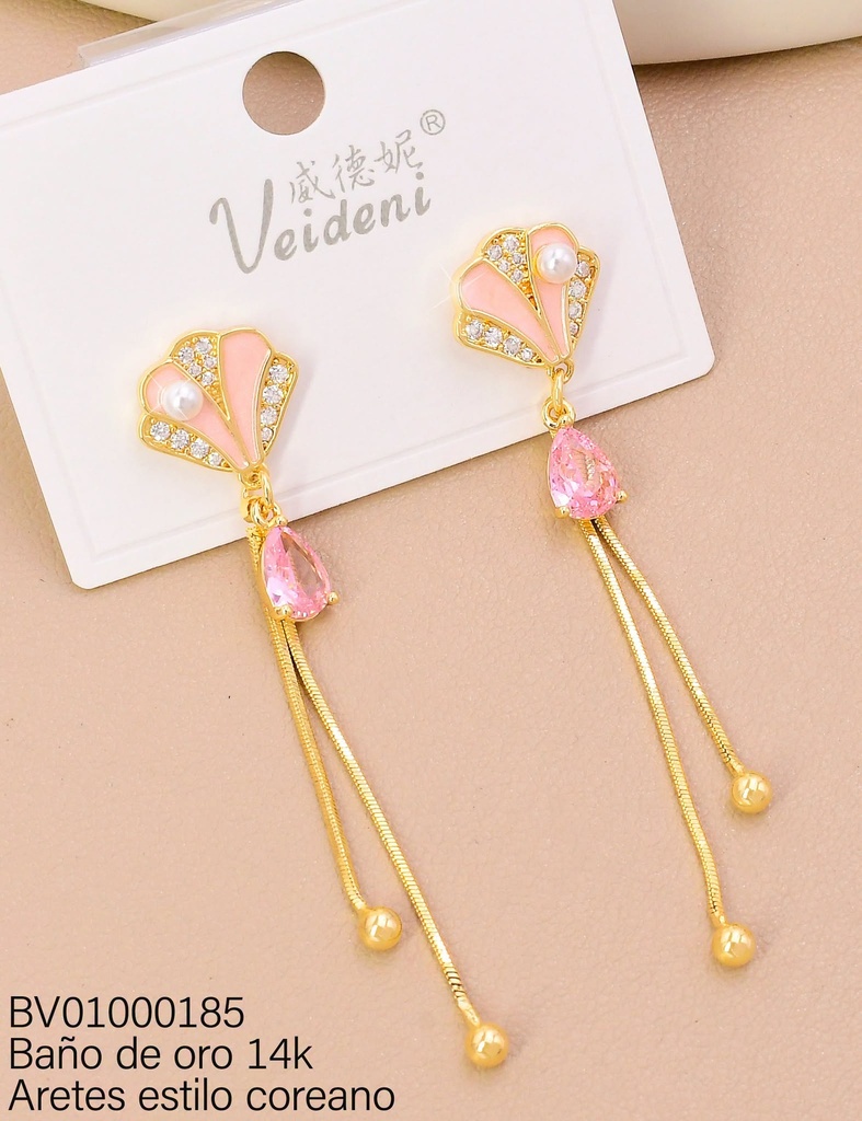 ARETES BAÑO DE ORO 14K. LARGOS ABANICO ROSADO/ZIRC/PERLA EH-4449 (VEI080926)