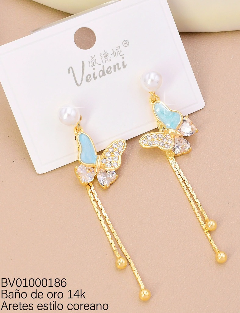 ARETES BAÑO DE ORO 14K. LARGOS MARIPOSA CELESTE/ZIRC/PERLA EH-4480 (VEI080926)
