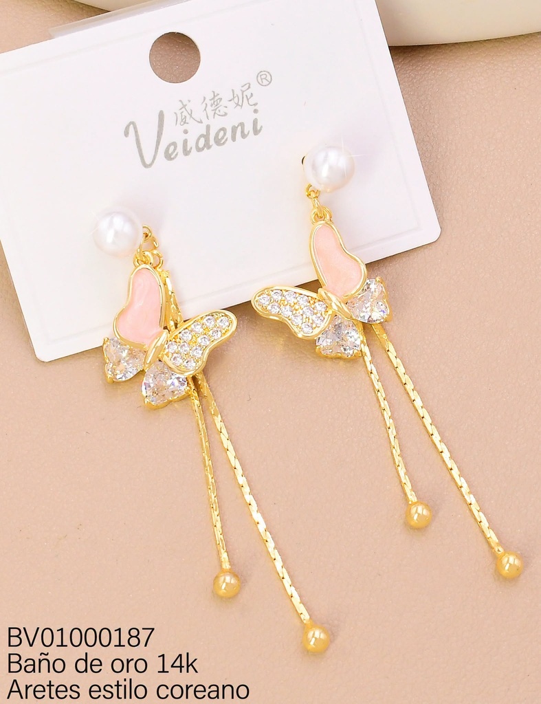 ARETES BAÑO DE ORO 14K. LARGOS MARIPOSA ROSADA/ZIRC/PERLA EH-4480 (VEI080926)