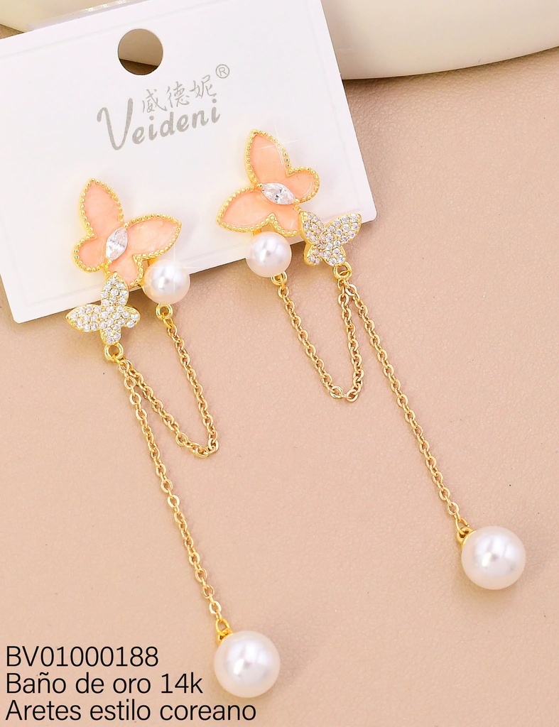 ARETES BAÑO DE ORO 14K. LARGOS MARIPOSA ROSADA ESMALTADA /ZIRC/PERLA EH-4452 (VEI080926)