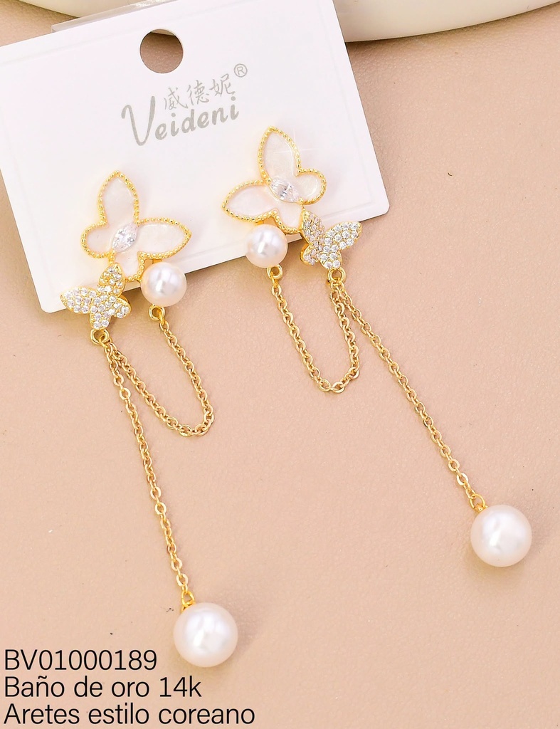 ARETES BAÑO DE ORO 14K. LARGOS MARIPOSA BLANCA ESMALTADA/ZIRC/PERLAS EH-4452 (VEI080926)