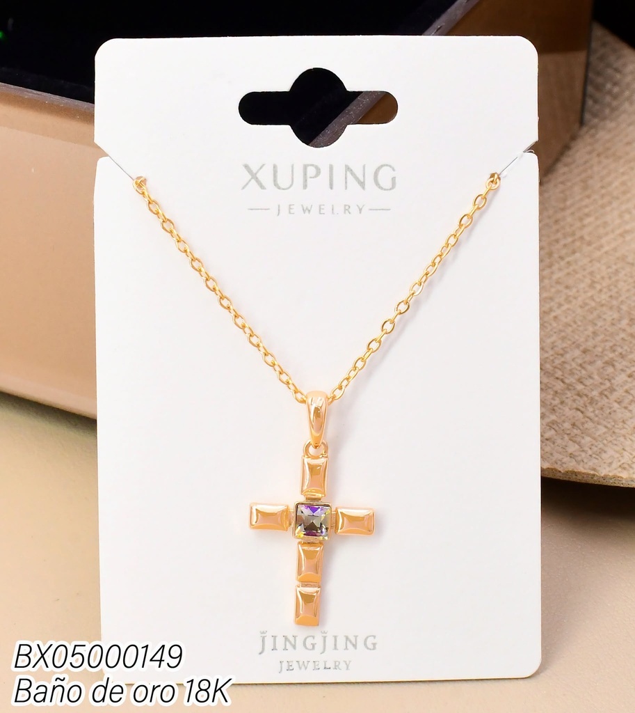 CADENA BAÑO DE ORO 18K. CRUZ SECCIONADA ZIRC VERDE CENTRO ZPZF-0072SJ