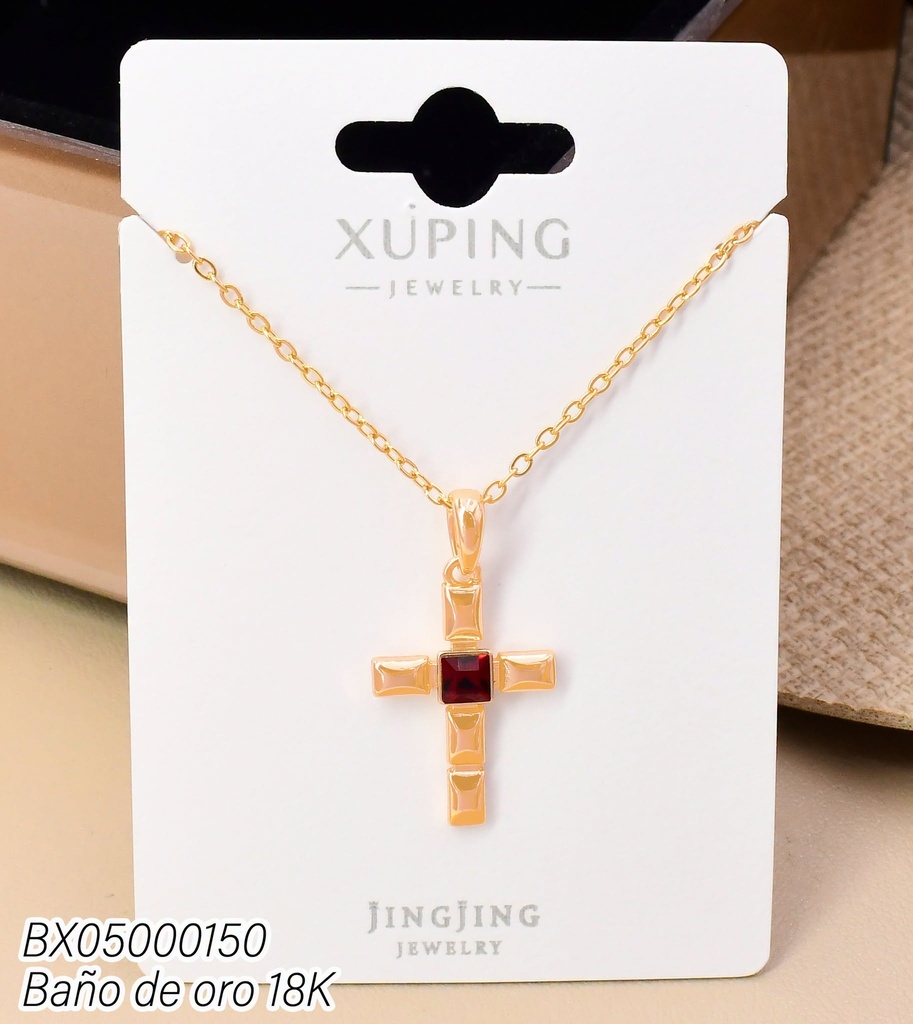 CADENA BAÑO DE ORO 18K. CRUZ SECCIONADA ZIRC ROJA CENTRO ZPZF-0072SJ