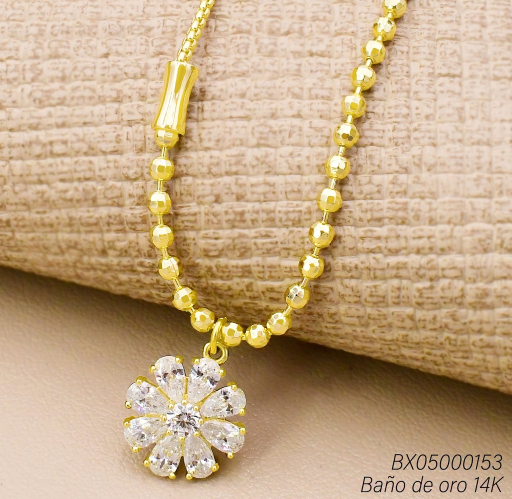 CADENA BAÑO DE ORO 14K. ESLABON CILINDRICO/PELOTITAS/DIJE FLOR ZIRC CRISTAL HNLX-0459
