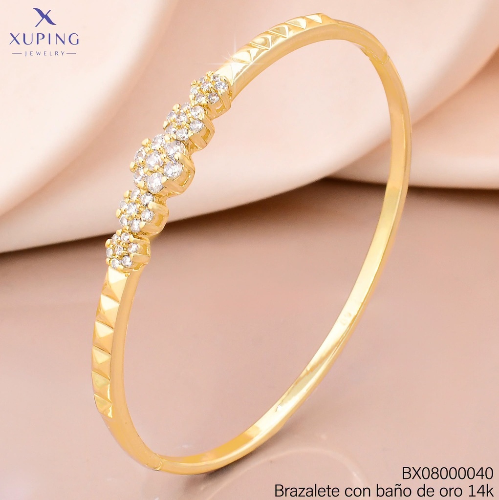 BRAZALETE BAÑO DE ORO 14K. GRAB. ROMBOS/FLOR ZIRC. X000833404 27AGOS(XP)