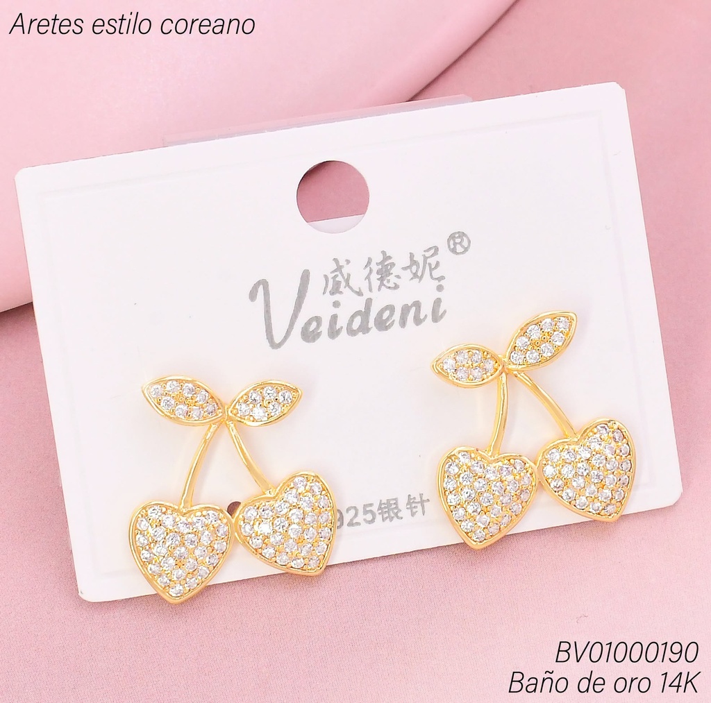ARETES BAÑO DE ORO 14K. CEREZAS ZIRC. (CORAZONES) EH-4277