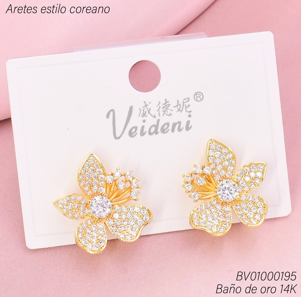 ARETES BAÑO DE ORO 14K. FLOR ZIRC. /PISTILOS COLGANTES EH-4120 (VEI080926)