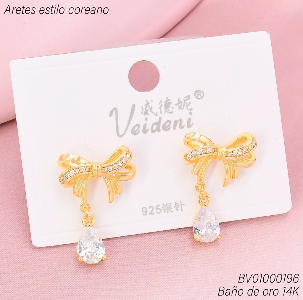 ARETES BAÑO DE ORO 14K. LAZO/ZIRC GOTA COLGANTE EH-2759 (VEI080926)