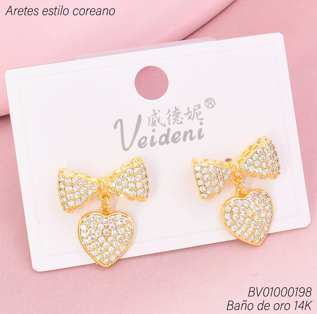 ARETES BAÑO DE ORO 14K. LAZO/CORAZON ZIRC EH-4295 (VEI080926)