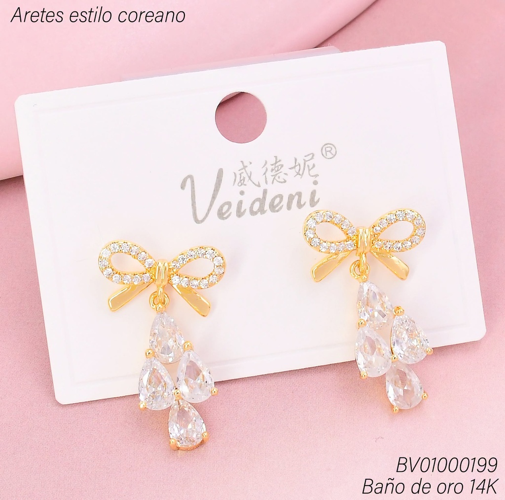 ARETES BAÑO DE ORO 14K. LAZO/GOTAS ZIRC. MMEH-0528 (VEI080926)