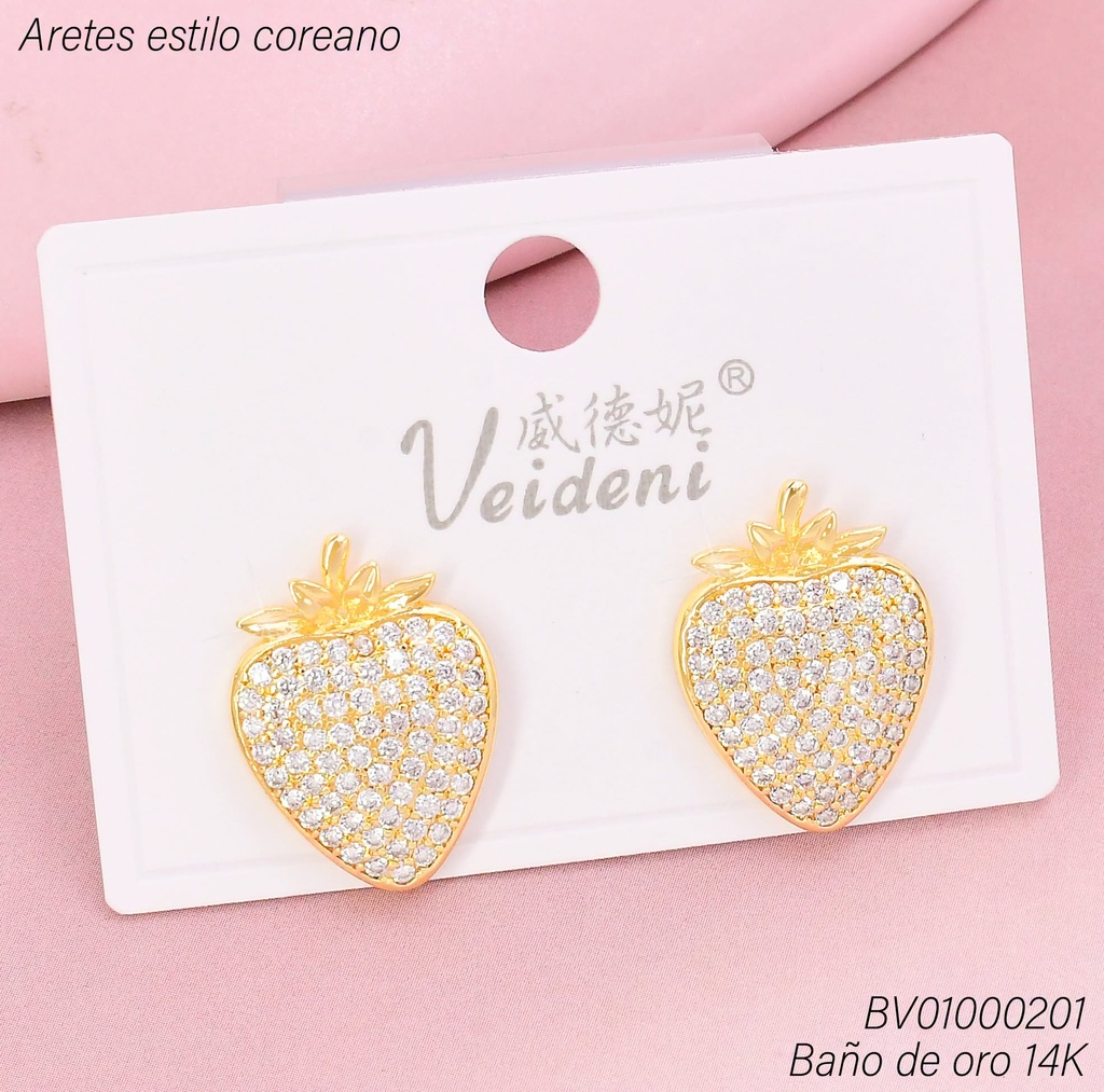 ARETES BAÑO DE ORO 14K. FRESA/HOJITAS LISAS EH-4279 (VEI080926)