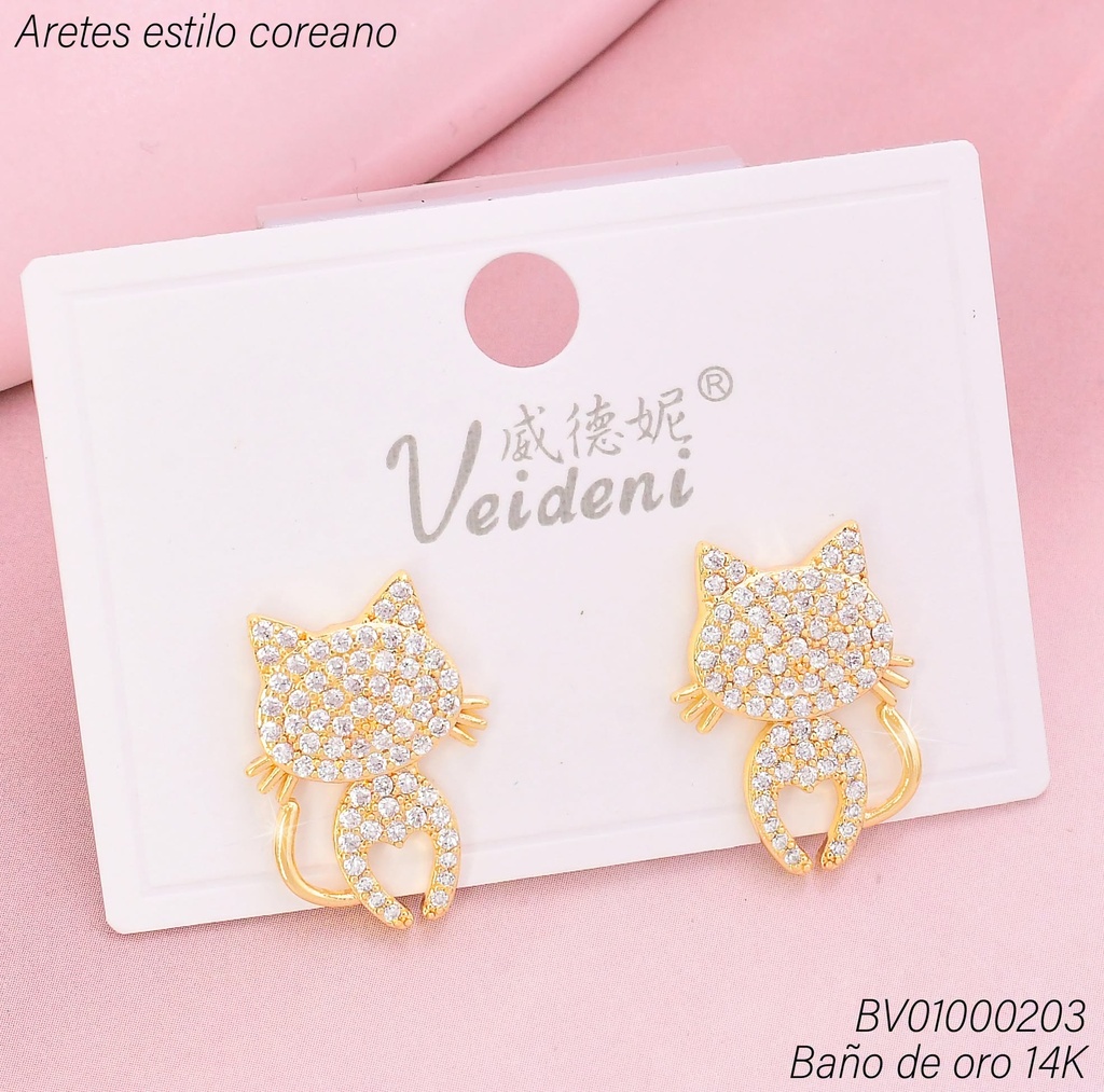 ARETES BAÑO DE ORO 14K. GATO ZIRC. EH-4276 (VEI080926)