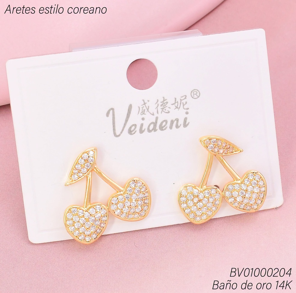 ARETES BAÑO DE ORO 14K. CEREZAS/ 1 HOJITA ZIRC. EH-3234 (VEI080926)