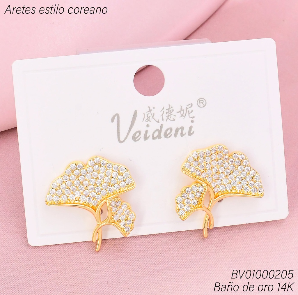 ARETES BAÑO DE ORO 14K. HOJAS ZIRC. EH-4290 (VEI080926)