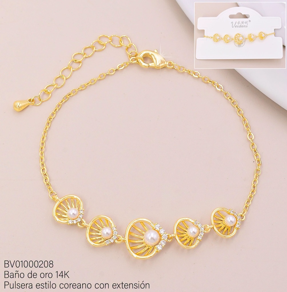 PULSERA BAÑO DE ORO 14K. CROQUI OSTRA C/PERLITA SL-0529 (VEI080926)