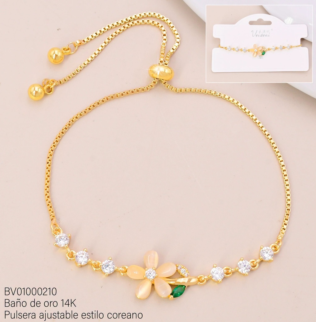 PULSERA BAÑO DE ORO 14K. FLOR BEIGE C/HOJITAS SL-0530 (VEI080926)