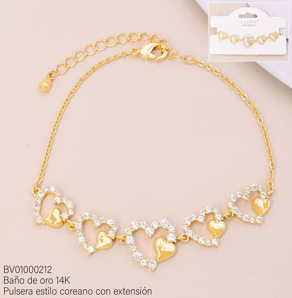 PULSERA BAÑO DE ORO 14K. CROQUIS CORAZONES ZIRC. SL-0466 (VEI080926)
