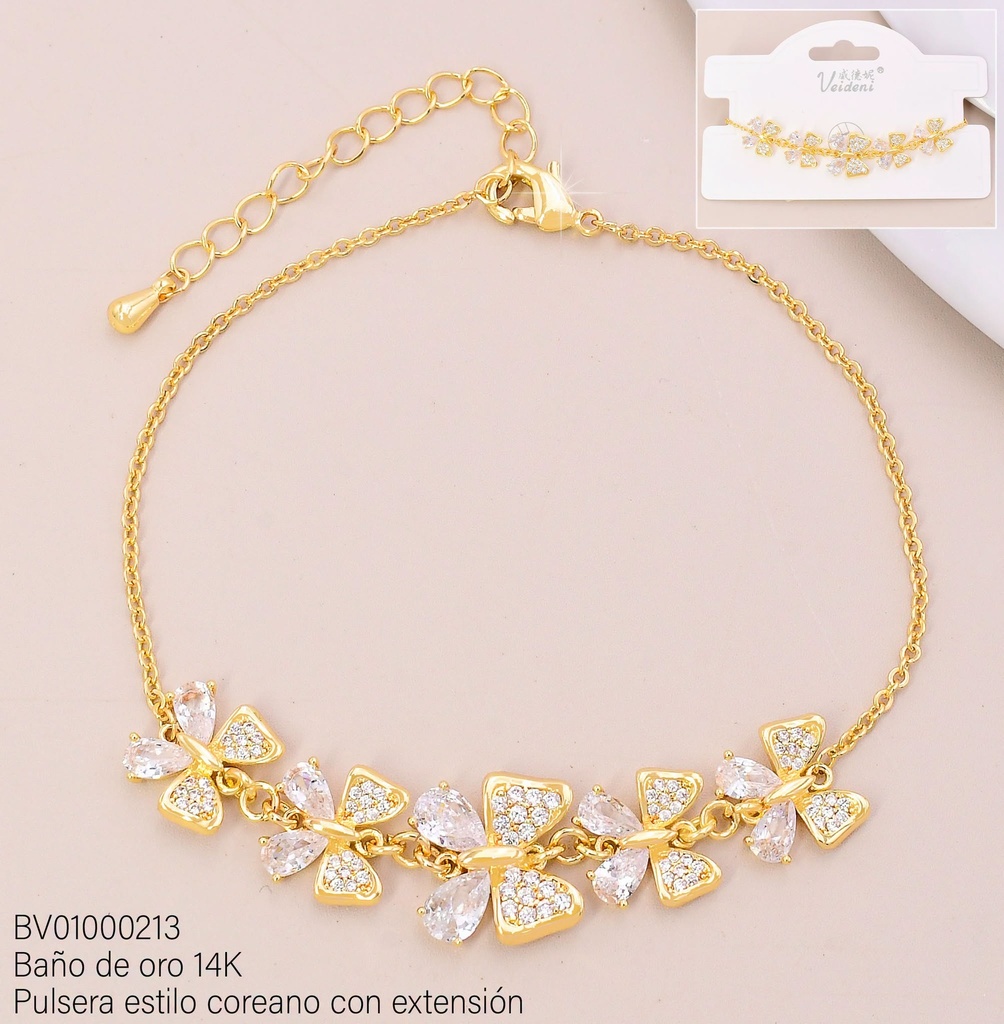 PULSERA BAÑO DE ORO 14K. 5 MARIPOSAS ZIRC. SL-0448 (VEI080926)