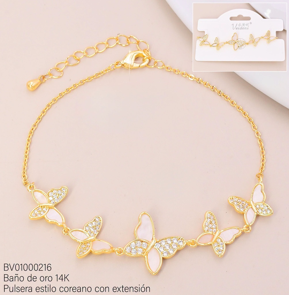PULSERA BAÑO DE ORO 14K. MARIPOSA ZIRC-NACAR SL-0476 (VEI080926)