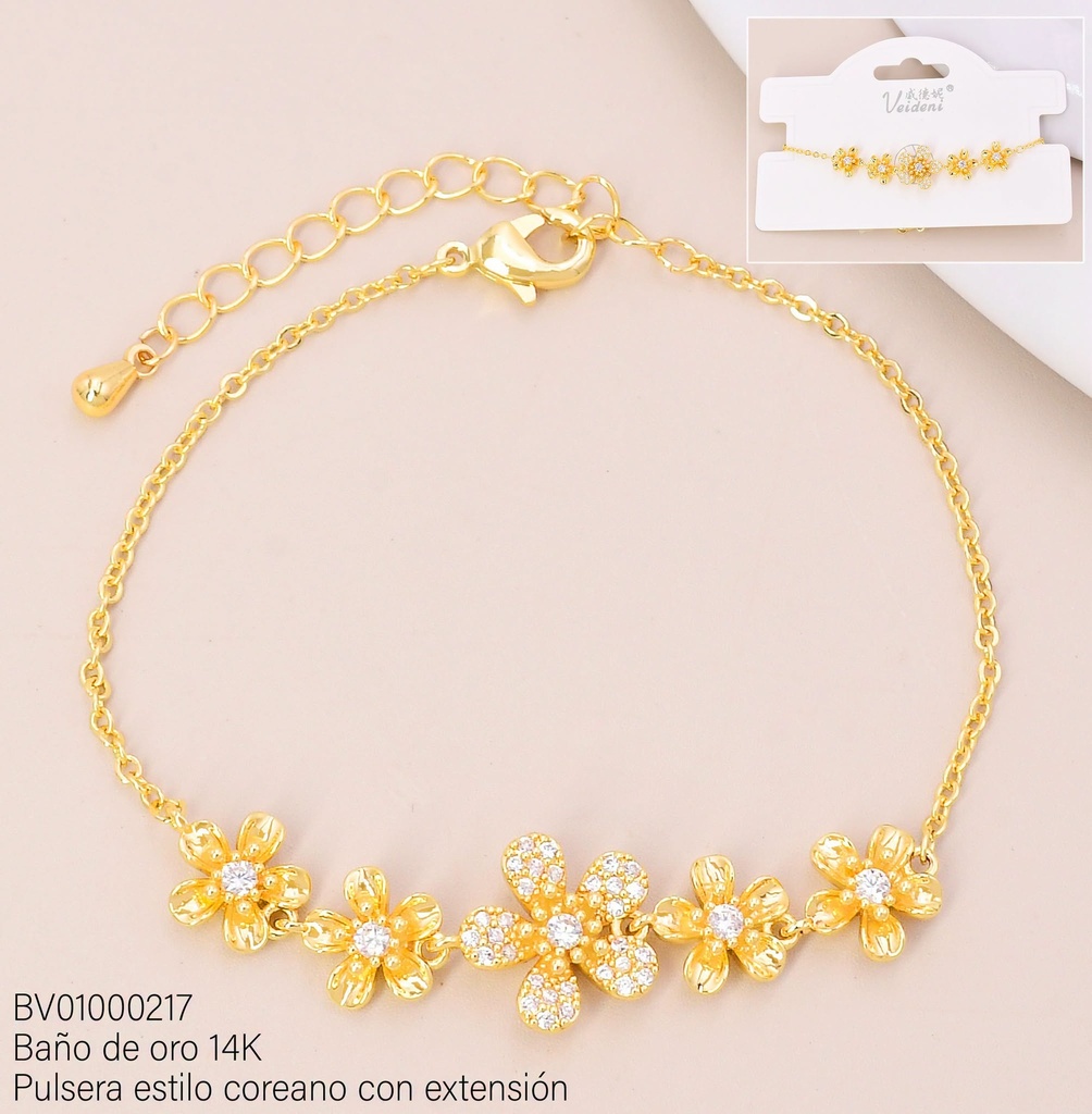PULSERA BAÑO DE ORO 14K. 5 FLORES ZIRC.SL-0389 (VEI080926)
