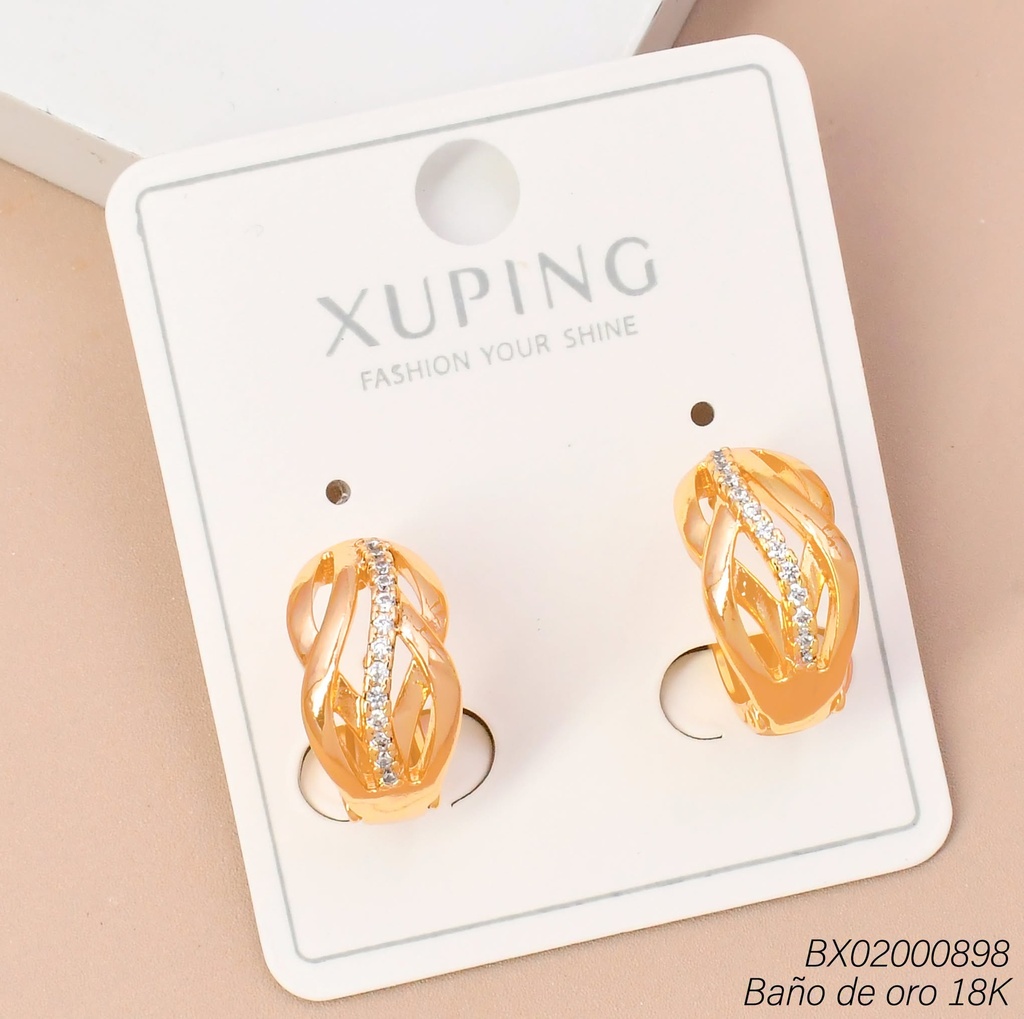 ARETES BAÑO DE ORO 18K. LINEAS ENTRELAZADAS LISAS/ZIRC.(XL230926)
